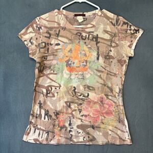 KOS USA Graphic Goddess Tee Boho Yoga Art Print Top Women’s Small Festival Chill